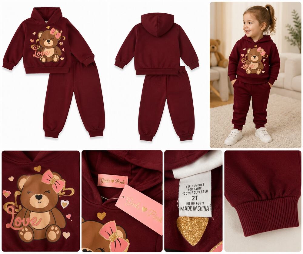 Girls Pink Toddler 2-Piece Burgundy Bear Hoodie & Jogger Sweat Set Size 2T – NWT